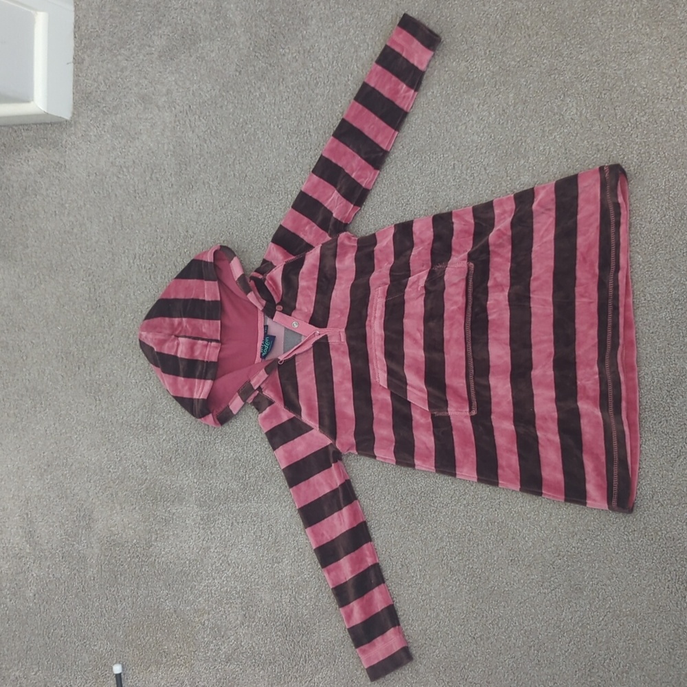 Mini Boden long sleeve hoodie pink and brown stripes velvety velour soft Sz 4-5